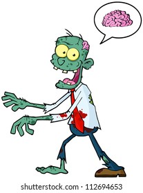 Blue Cartoon Zombie Walking With Hands In Front And Speech Bubble With Brain