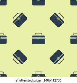 Blue Case or box container for wobbler and gear fishing equipment icon isolated seamless pattern on yellow background. Fishing tackle.  Vector Illustration