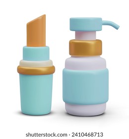 Blue case with hygienic lipstick and small plastic bottle with liquid soap. Body care products concept. Vector illustration in 3d style with white background