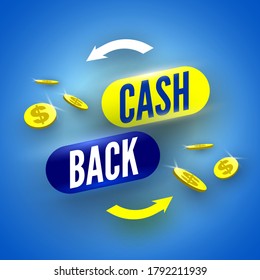 Blue Cash Back Banner With Coins. Vector Illustration.