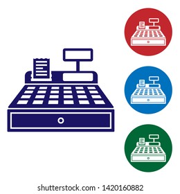 Blue Cash register machine with a check icon isolated on white background. Cashier sign. Cashbox symbol. Set color icon in circle buttons. Vector Illustration