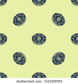 Blue Casino chip with dollar symbol icon isolated seamless pattern on yellow background. Casino gambling.  Vector Illustration