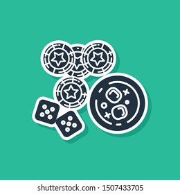 Blue Casino chips, game dice and glass of whiskey with ice cubes icon isolated on green background. Casino poker.  Vector Illustration