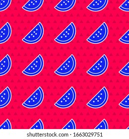 Blue Casino slot machine with watermelon symbol icon isolated seamless pattern on red background. Gambling games.  Vector Illustration