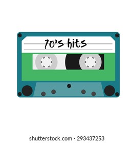 Blue cassette tape with text 70's hits vector isolated. Vintage cassette