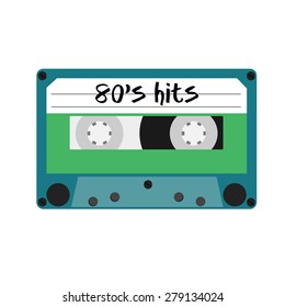 Blue cassette tape with text 80's hits vector isolated. Vintage cassette