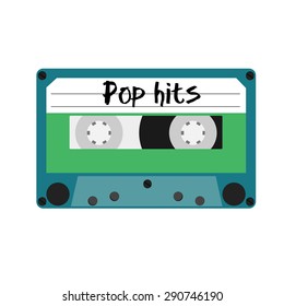 Blue Cassette With Text Pop Hits Vector Illustration. Vintage Cassette