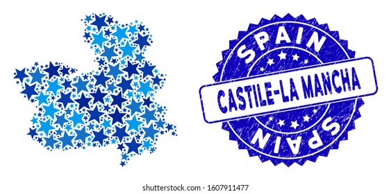 Blue Castile-La Mancha Province map composition of stars, and textured rounded stamp. Abstract geographic scheme in blue shades. Vector Castile-La Mancha Province map is designed of blue stars.