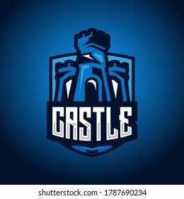 Blue castle esport mascot logo design simple elegant 