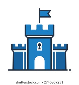 A blue castle with a flag on top and a keyhole