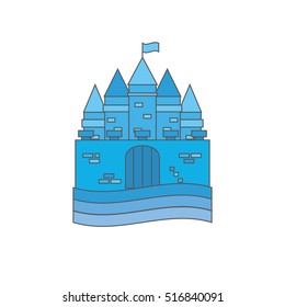 Blue Castle gates and flag and pond. Vector illustration.