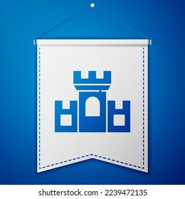 Blue Castle icon isolated on blue background. Medieval fortress with a tower. Protection from enemies. Reliability and defense of the city. White pennant template. Vector