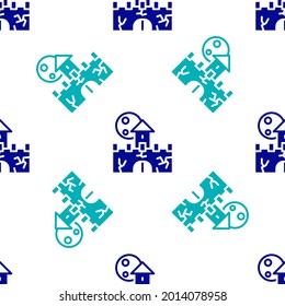 Blue Castle icon isolated seamless pattern on white background. Medieval fortress with a tower. Protection from enemies. Reliability and defense of the city.  Vector