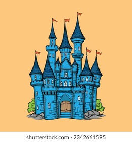 blue castle illustration, hand draw vector isolated on orange background