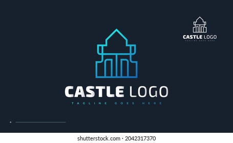 Blue Castle Logo Design with Line Style. Fortress Tower Logo or Icon