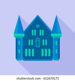 Blue castle palace icon. Flat illustration of blue castle palace vector icon for web