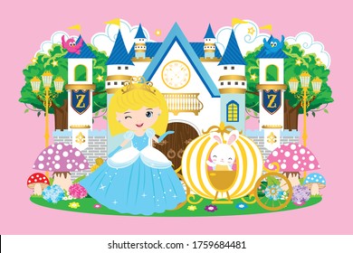 Blue castle with princess and bunny on the carriage illustration