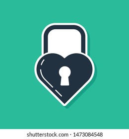 Blue Castle in the shape of a heart icon isolated on green background. Locked Heart. Love symbol and keyhole sign.  Vector Illustration