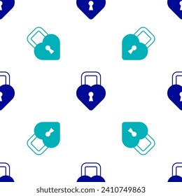 Blue Castle in the shape of a heart icon isolated seamless pattern on white background. Locked Heart. Love symbol and keyhole sign. Happy Valentines day.  Vector