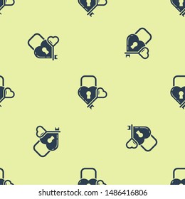 Blue Castle in the shape of a heart and key icon isolated seamless pattern on white background. Locked Heart. Love symbol and keyhole sign.  Vector Illustration