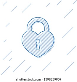 Blue Castle in the shape of a heart line icon isolated on white background. Locked Heart. Love symbol and keyhole sign. Vector Illustration