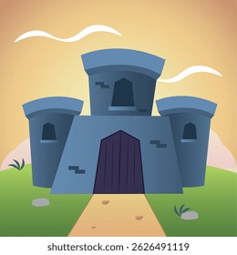 Blue castle with sunset. Vector illustration