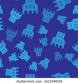 Blue Castle tower icon isolated seamless pattern on blue background. Fortress sign.  Vector Illustration