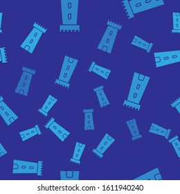 Blue Castle tower icon isolated seamless pattern on blue background. Fortress sign.  Vector Illustration