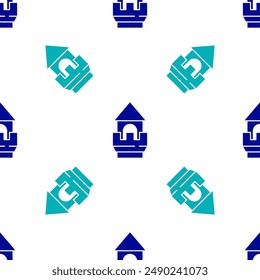 Blue Castle tower icon isolated seamless pattern on white background. Fortress sign.  Vector