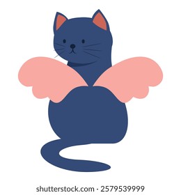 Blue cat with angel wings is sitting and waiting for something