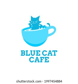 Blue Cat animal coffee mug cafe logo concept design illustration