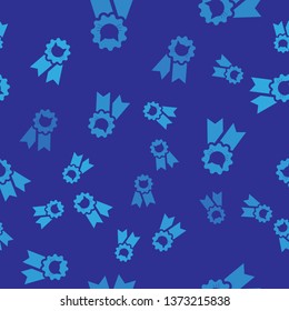 Blue Cat award symbol icon isolated seamless pattern on blue background. Medal with cat footprint as pets exhibition winner concept. Vector Illustration