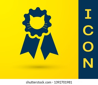 Blue Cat award symbol icon isolated on yellow background. Medal with cat footprint as pets exhibition winner concept. Vector Illustration