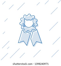 Blue Cat award symbol line icon isolated on white background. Medal with cat footprint as pets exhibition winner concept. Vector Illustration