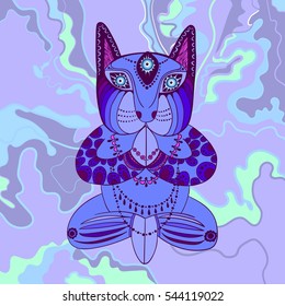 Blue cat with beads sitting in the lotus position in meditation