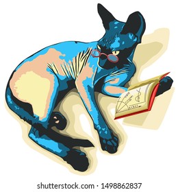 Blue cat breed with Sphinx reading a book with glasses. Scientific cat. Training and education. Cartoon poster. 
Stock vector.