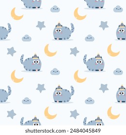 Blue cat cartoon so cute. On moon star cloud background. Pattern seamless vector illustration. 