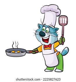 gato azul en el sombrero y delantal de un chef sostiene una sartén frita con comida caliente y una espátula para cocinar, ilustración de dibujos animados, objeto aislado sobre un fondo blanco, vector, eps