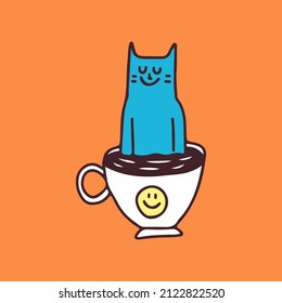 Blue cat chill out on cup of coffee, illustration for t-shirt, sticker, or apparel merchandise. With doodle, soft pop, and cartoon style.