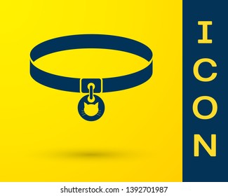 Blue Cat collar with name tag icon isolated on yellow background. Simple supplies for domestic animal. Cat and dog care. Pet cat chains. Vector Illustration