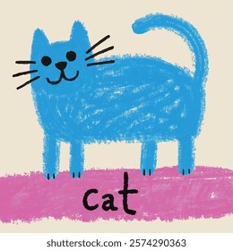 blue, cat, crayon, drawing, cartoon, doodle, cute, animal, pet, whiskers, tail, pink, background, text, kids, illustration, playful, fun, colorful, simple, art, sketch