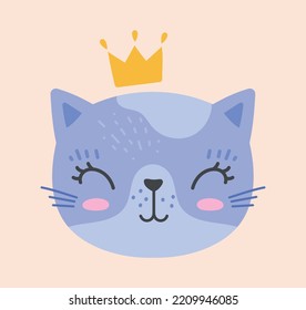 Blue cat with crown. Social media sticker, graphic element for fabric printing. Fairy tale, fantasy and imagination, fictional character for children. King or queen. Cartoon flat vector illustration