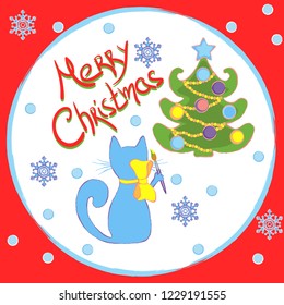 Blue cat draws a Christmas tree. Merry Christmas. Vector illustration