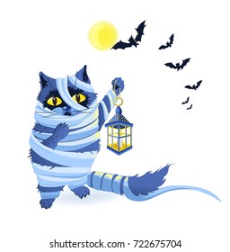 Blue cat dressed as a Mummy for Halloween on moon background. Mummy halloween icon vector