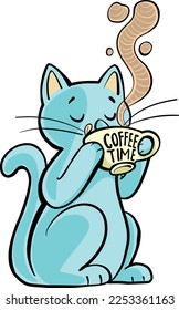 blue cat drinks coffee from a cup