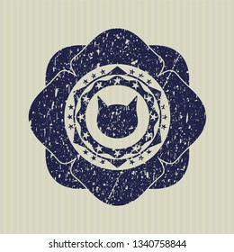 Blue cat face icon inside distress with rubber seal texture
