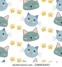 Blue cat face seamless pattern with paw prints. Background for kids. Pet, animal. 