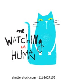 Blue Cat Graphic Print. Cat sitting lookingat you graphic print design.