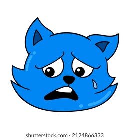 blue cat head is sad crying, vector illustration carton emoticon. doodle icon drawing