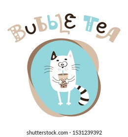 A blue cat holds a glass of tapioca tea in its paws. Vector image